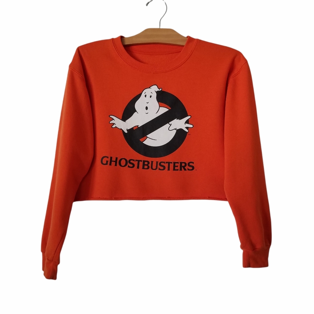 Ghostbusters Halloween Cropped Pullover Sweatshirt Raw Hem Orange